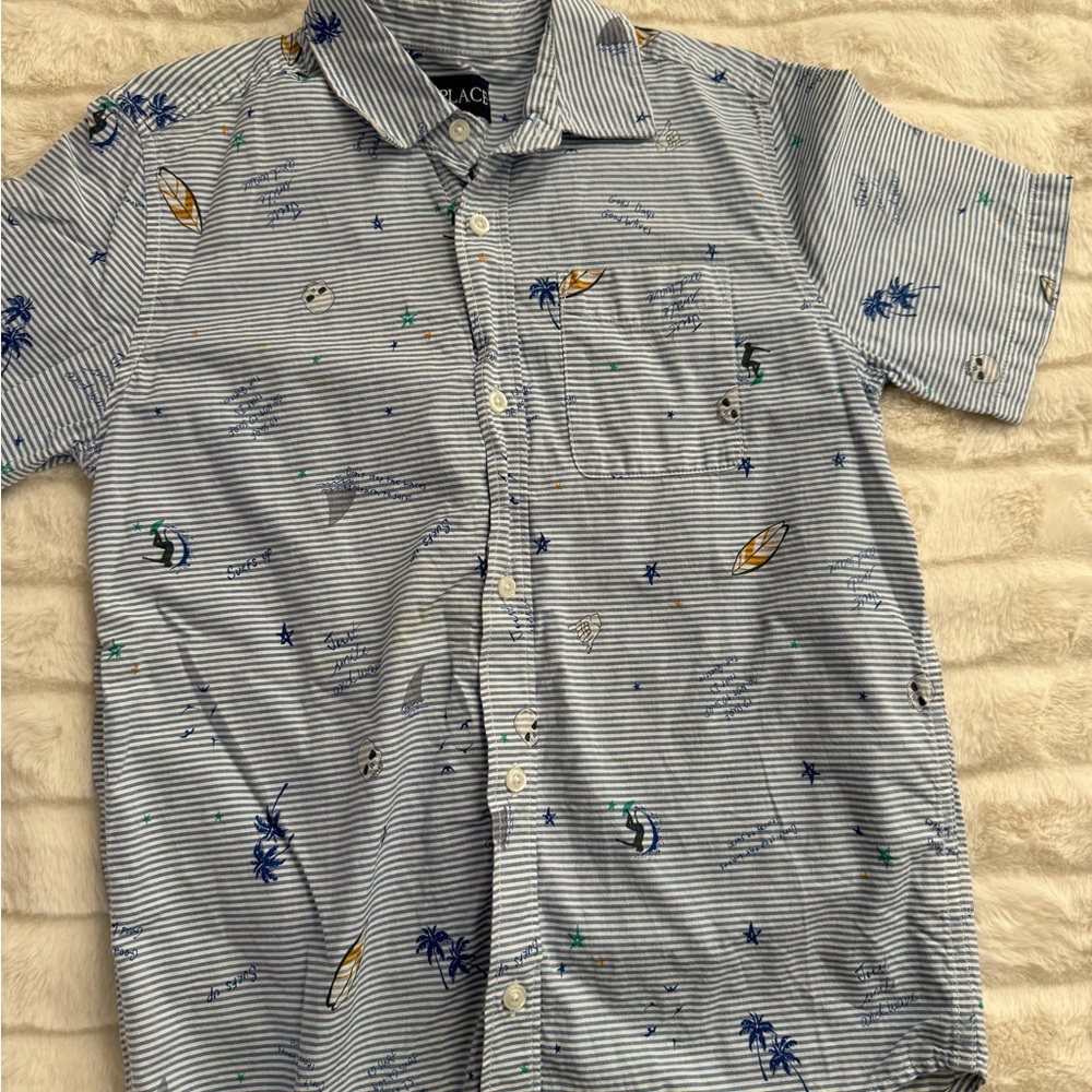 Place Blue and White Striped Tropical Print Button-Down